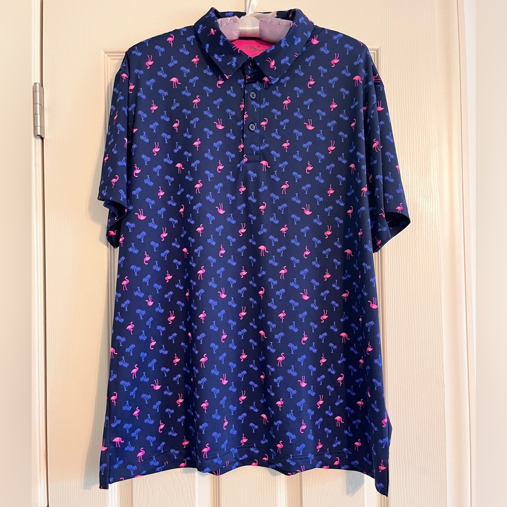 Birdie Bound Navy Flamingo Print Golf Shirt Men Size XL